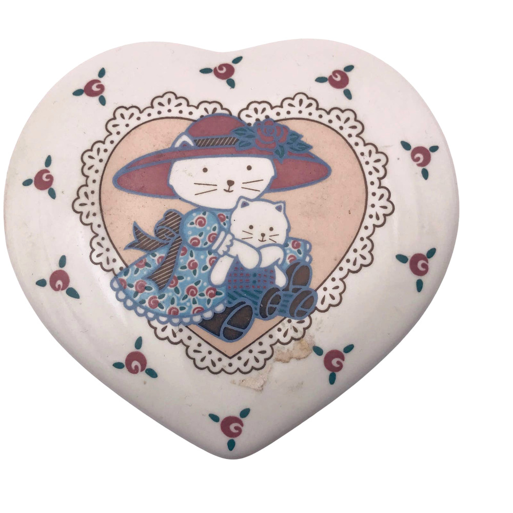 Heart Trinket Box Girl Cat wTeddy Graphic 4” Porcelain made in Japan  Vintage